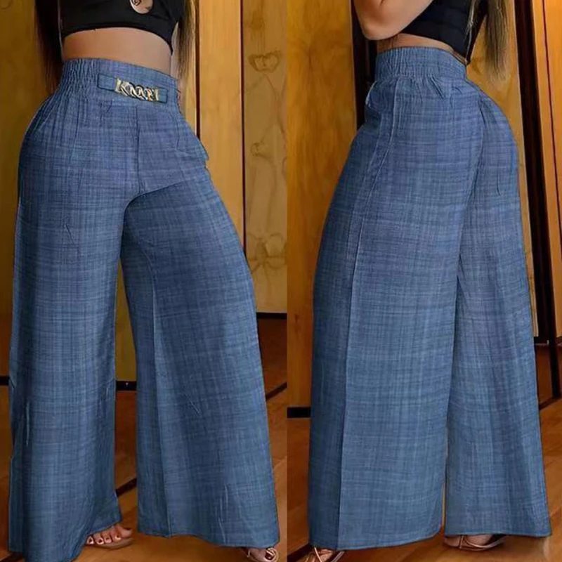 

Summer Waist Wide Leg Straight Pants Women Chain High Casual Pocket Design Elegant Vacation Long Pants Streetwear Loose Trousers