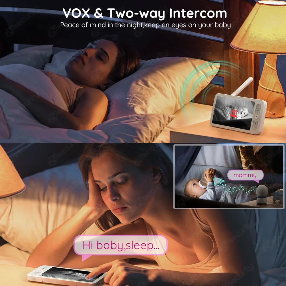 화면 및 앱 포함 와이파이 베이비 모니터, 1080P PTZ 베이비 카메라, 야간 투시경, 양방향 통화 베이비 폰, 울음 감지 보모 카메라, 5 인치