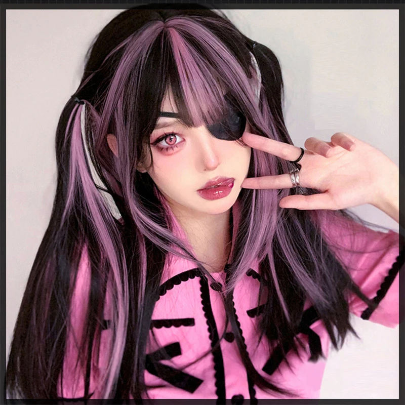 LUPU Women Wigs Cosplay Lolita Wig Natural Black Wig with Pink Highlights with Hair Bangs for Halloween Cosplay Party Wear