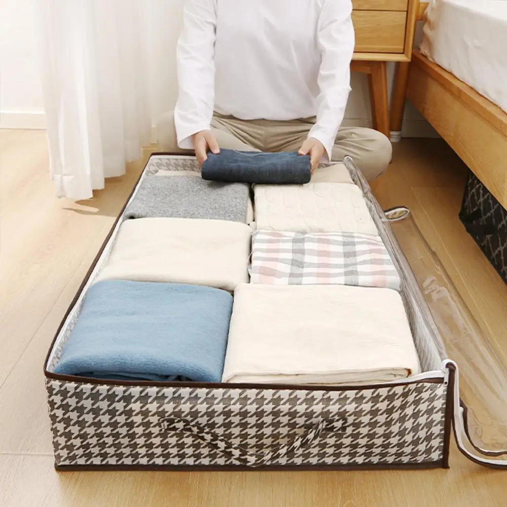 Large Capacity Durable Underbed Quilt Storage Bag with Double Zipper Visible Design Blanket Organizer Waterproof for Dorm