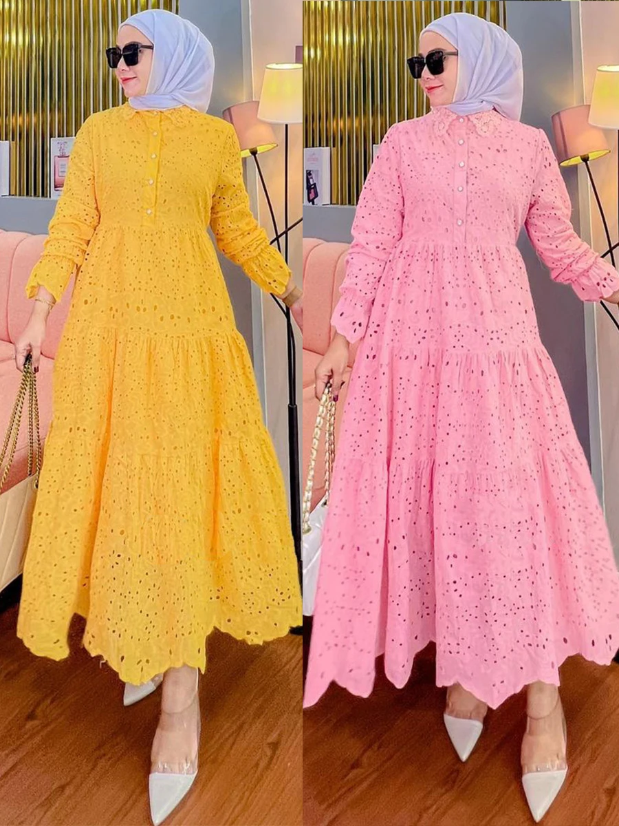 Jalabiya Women Eid Muslim Dress Abayas Embroidered Hollow Out Lace Lapel Collar Long Sleeve Robe Vestidos Women Party Dresses