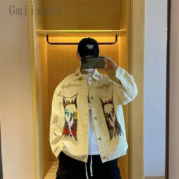 Giacca di jeans retrò da uomo autunno inverno nuovo stile americano industria pesante ricamato Top giacca da lavoro Casual allentata alla moda Preppy 1