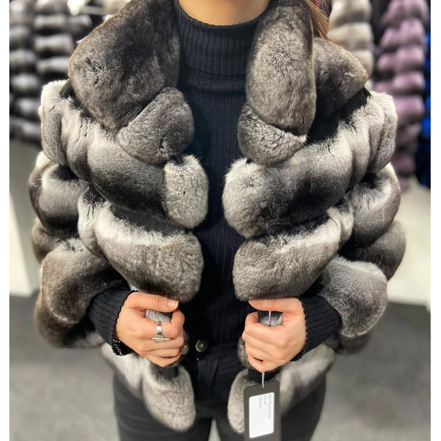 

Best Seller Winter Jacket Women Chinchilla Fur Coat Real Rex Rabbit Fur Coat Warm Luxury Fur Coat Women