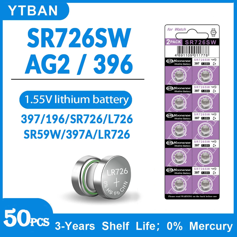 

50 шт., батарея LR726 AG2 397 397A L726F SR726SW 1,55 в, литиевые батареи, монетные элементы, Кнопочная батарея для детской