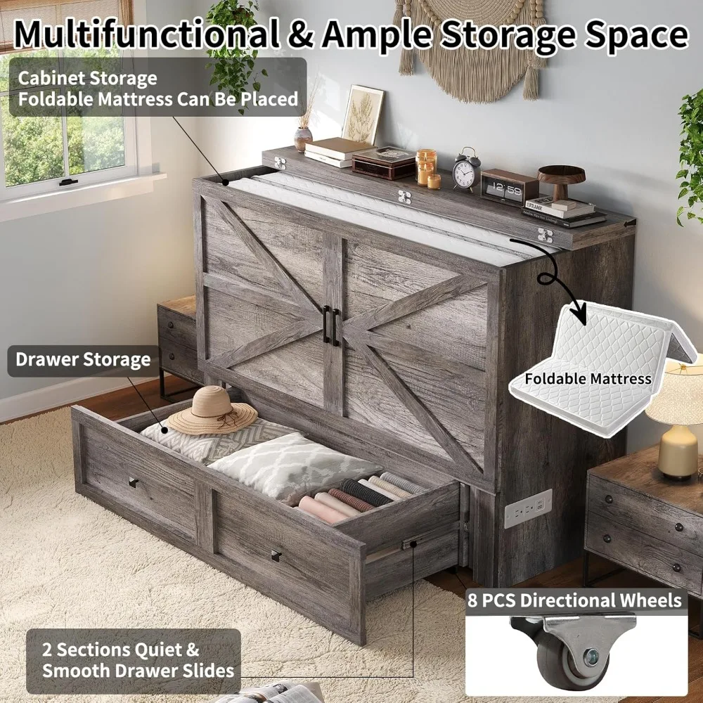 Murphy Bed, Cabinet Bed with Charging Station Large Storage Drawer for Home Office or Room, Hideaway Full Foldable Platform Bed 4