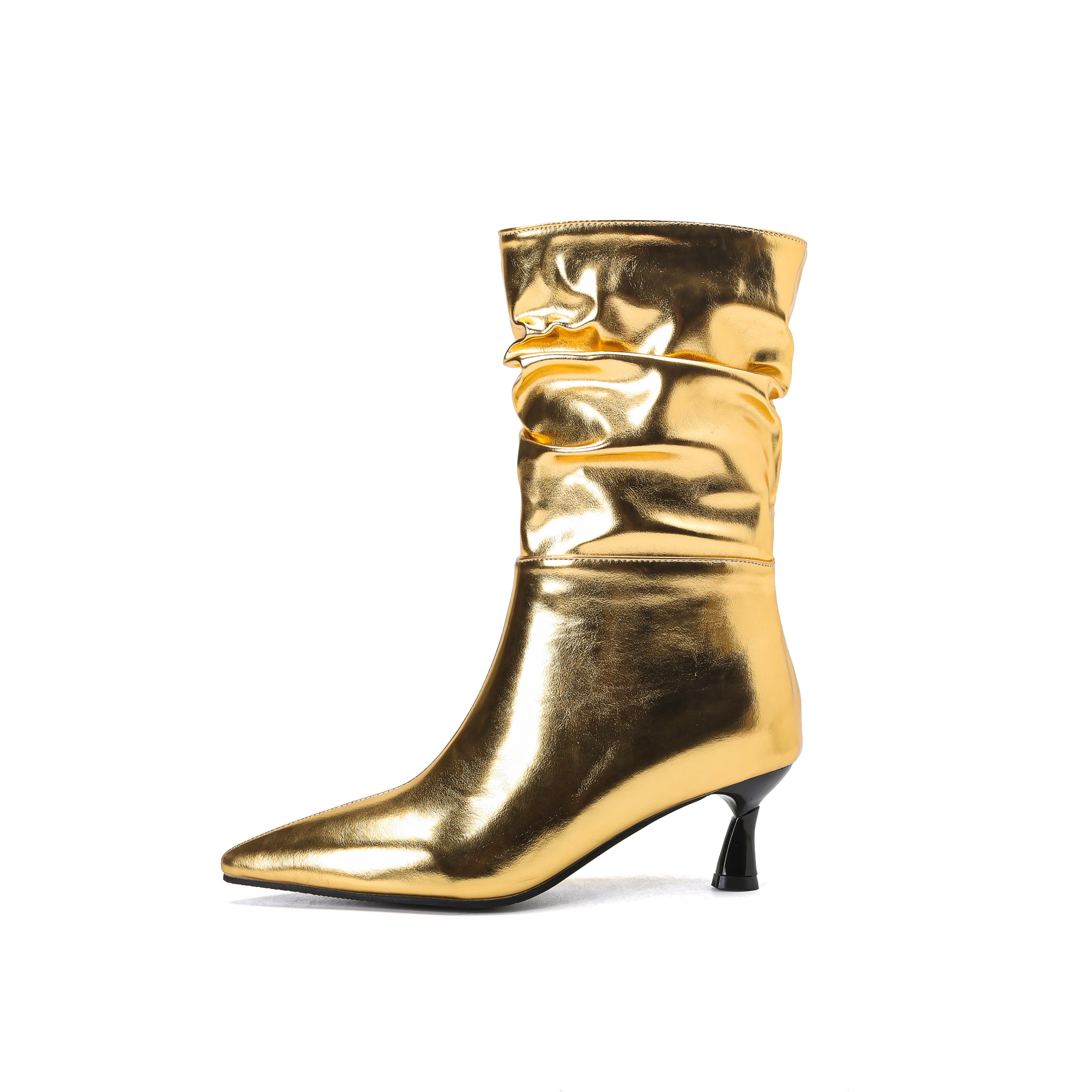 

Winter Women's Boots,Calf Height,High Heels,Pointed Toe Warm Short Plush,Pleat Design PU Material