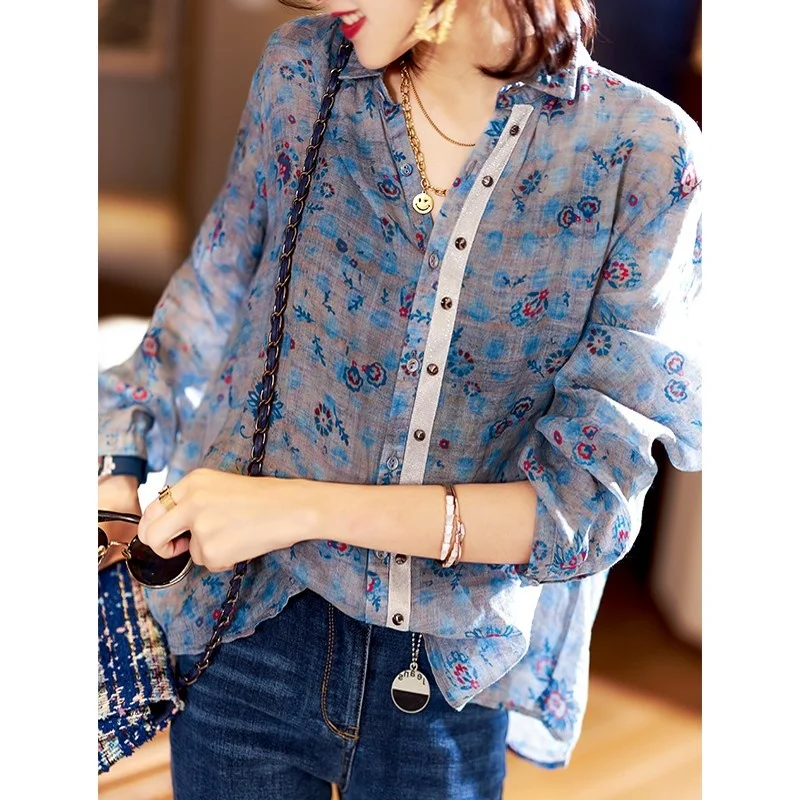 

printing shirt women's design sense niche top 2021 new foreign style Linen Shirt autumn 01-16-22