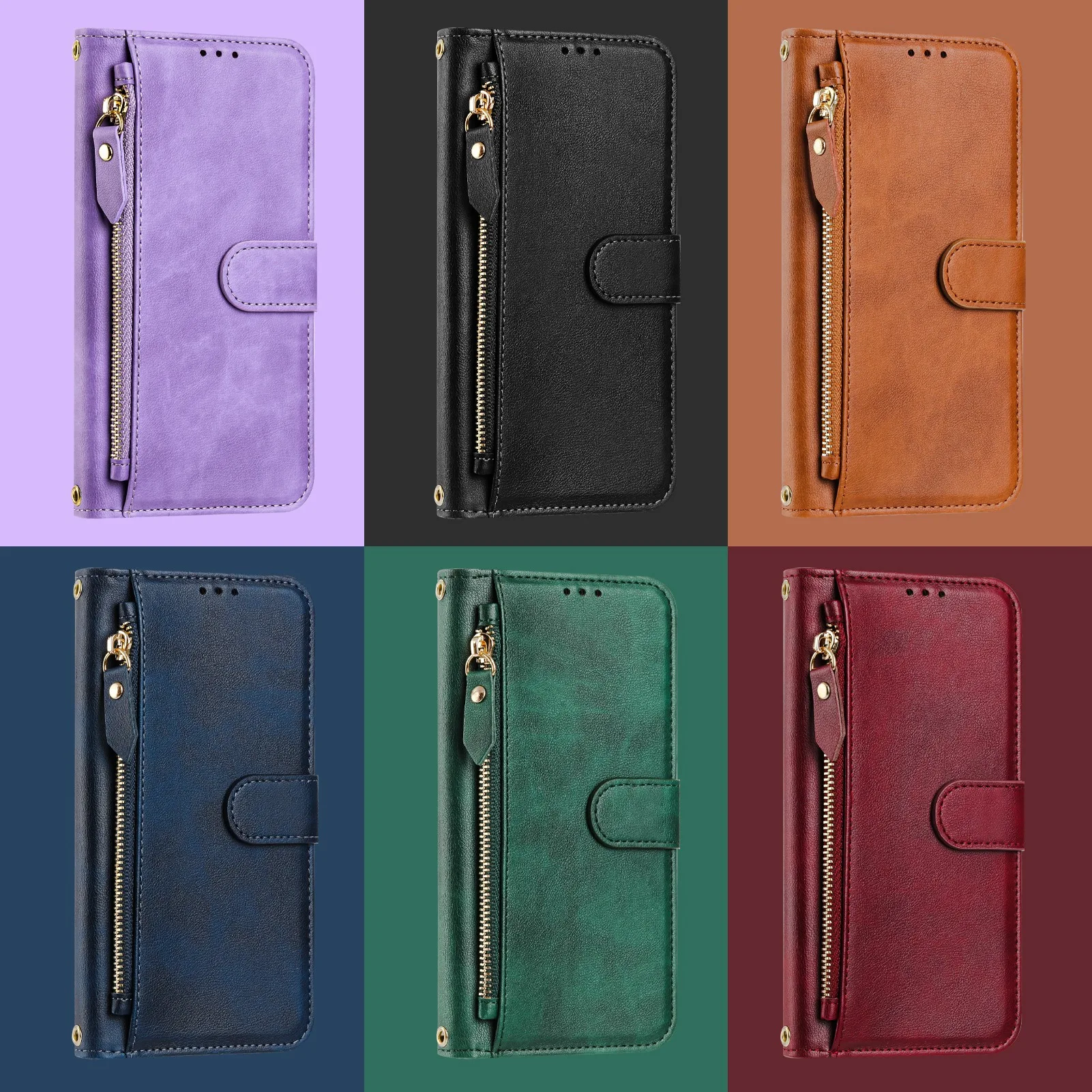 Luxurious Leather Wallet Phone Case with Strap and Zipper