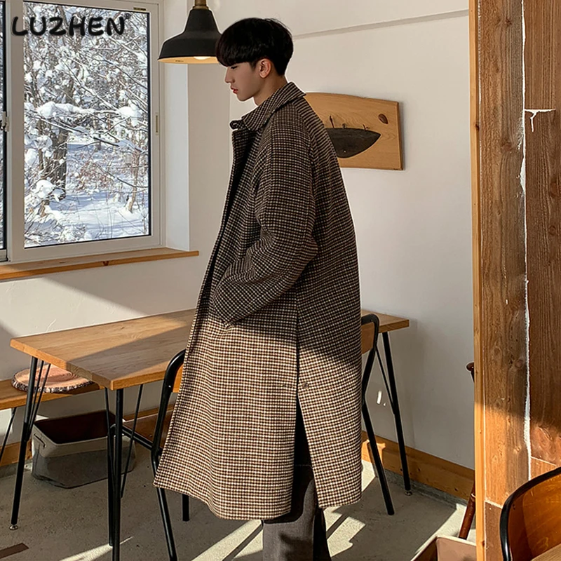 

LUZHEN 2023 Stylish Elegant Korean Men's Woolen Loose Knee-length Trench High Quality Plaid Autumn Winter New Windbreaker 4f84bb