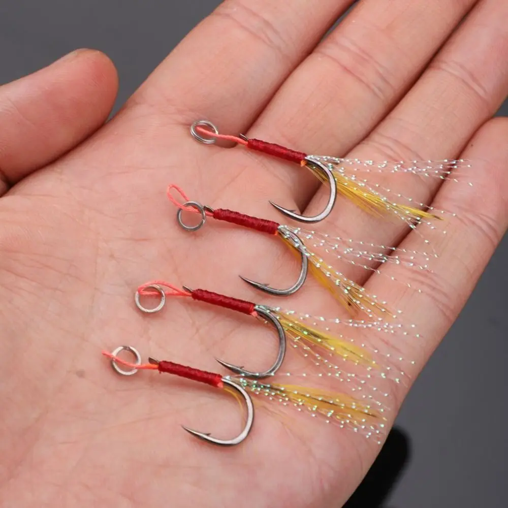 

10 Pcs With Thread Feather Iron Plate Single Hook High Tensile Force with Barbs Sub Single Hooks Antirust Sharp Ice Fishing