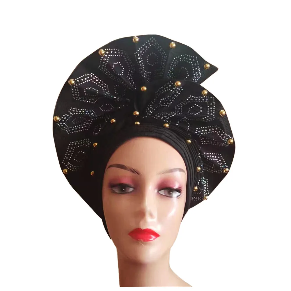 

Pretty African Fabric ASO OKE Nigerian Gele Headtie With Stones Beads Turban Femme Head Wrap Women Scarf High Quality 1pcs/pack