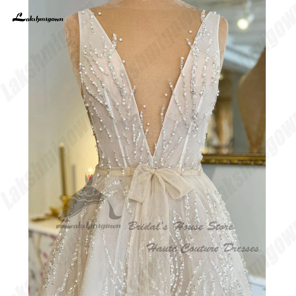 Lakshmigown Luxury Beading Champagne Wedding Gowns For Women 2023 Vestidos Sexy Bridal Beach Wedding Dresses Plunging V Neck