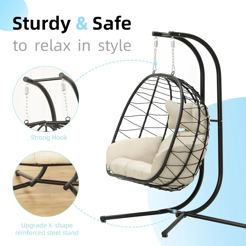Double Egg Chair wth Stand Hammock Swing Chair Foldable Hanging Loveseat, UV Resistant Removable Cushions, 700LBS Capacity 2