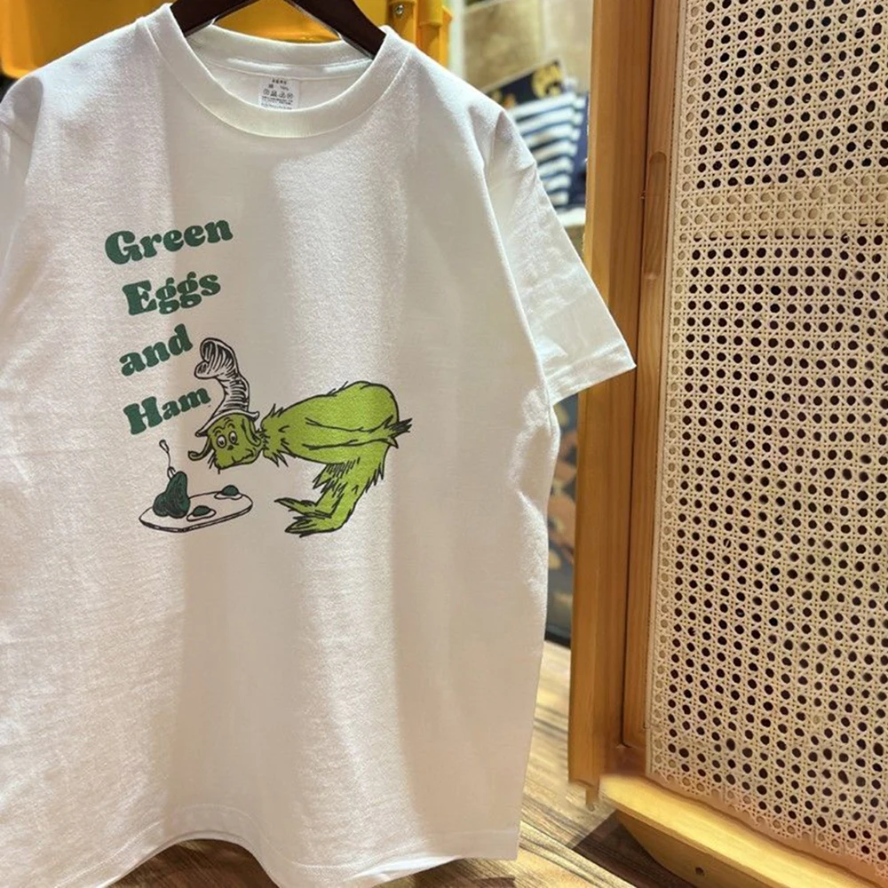 

Pure Cotton Street Retro Short-sleeved T-shirt Y2k Hand-painted Cartoon Fun Green Monster Print Round Neck Top Men's Clothing