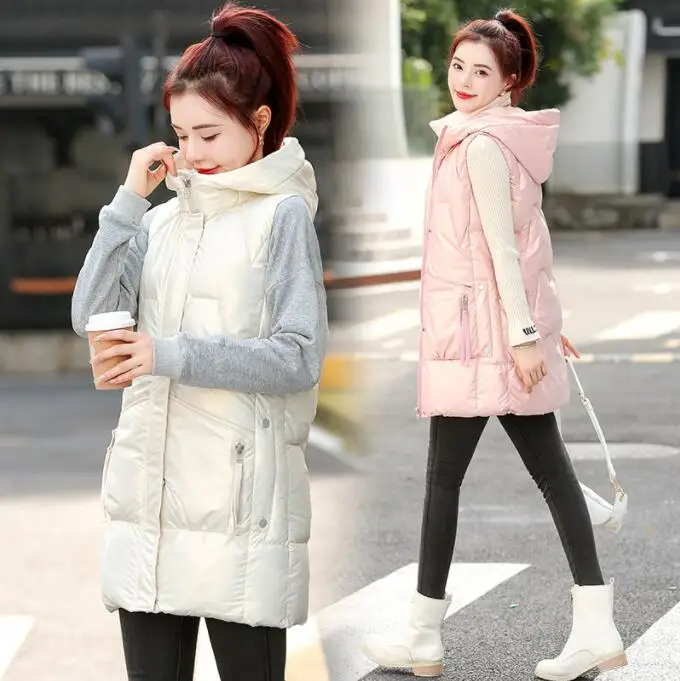 

#0428 Long Vest Women Winter Vest Coat Mid-Long Vest Waistcoat Jacket Zipper Slim Fit Bodywarmer Solid Color Vest Female Pockets