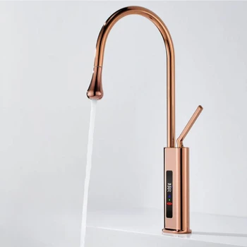 ก๊อกน้ําห้องครัว Rose Gold พร้อมจอแสดงผลดิจิตอลดึงออกอ่างล้างจานน้ําผสมแตะก๊อกน้ํา 1