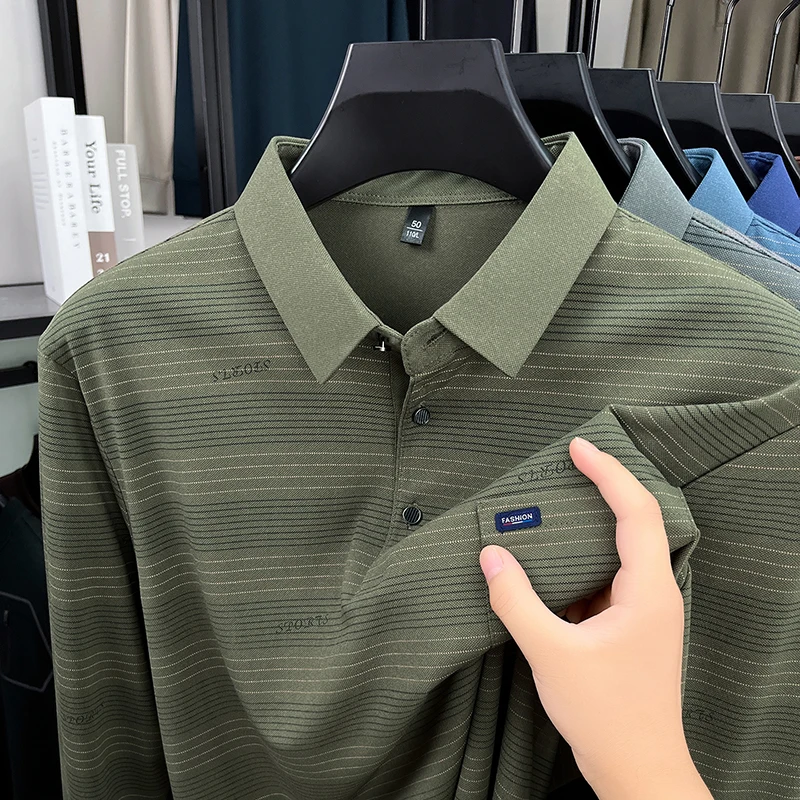 חולצת פולו עם שרוולים ארוכים לגברים לאביב ולסתיו עם פסים וכיסים מתרחבים