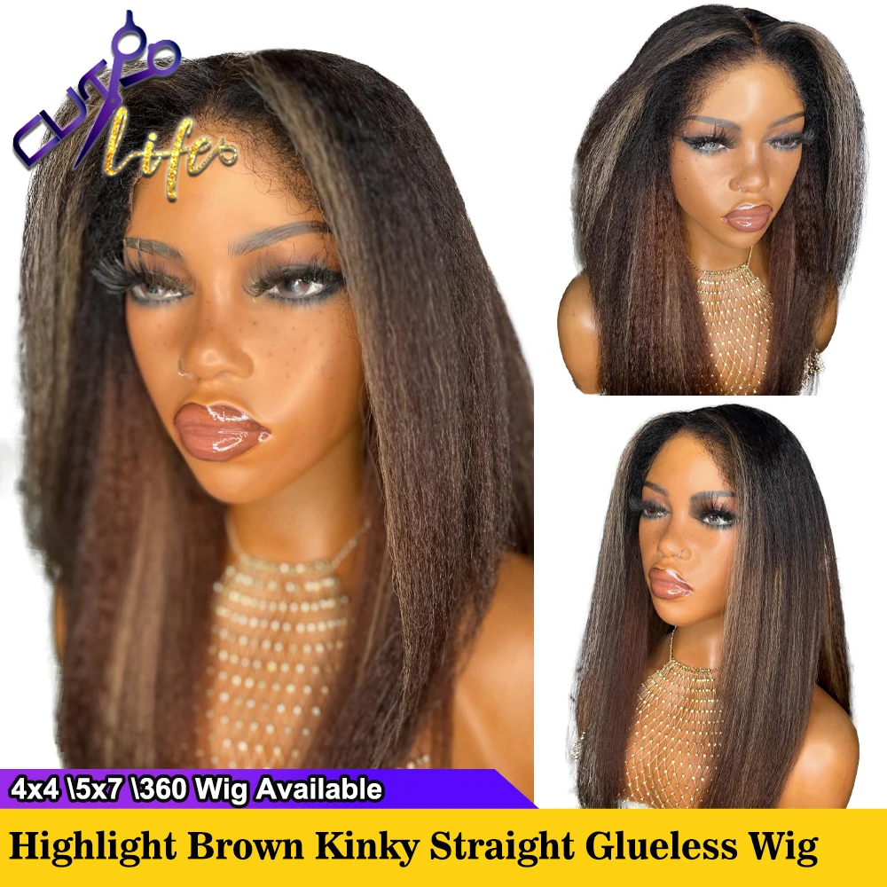 Kinky Straight 360 Full Lace Wig Wear to Go Highight Blonde Human Hair 5x7 4x4 Glueless Lace Closure Wigs With 4c Edge 250%