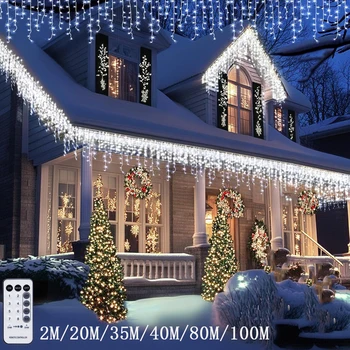 Christmas Decoration 2026 For Home Outdoor LED Curtain Icicle String Light Street Garland On The House Winter New Year Decor