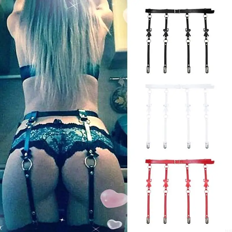 Mujeres PU Cuero Bownot Garter Belrume Cinturón arneses cintura con clip metal Y1ac