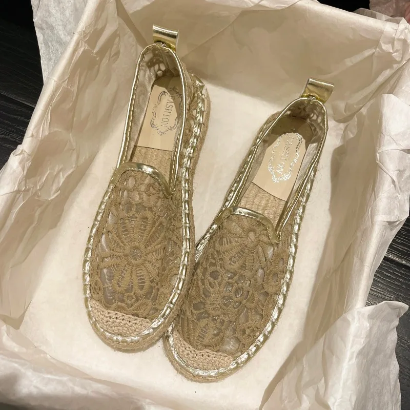 2025 New Elegent Flax Breathable Mesh Canvas Comfortable Women Elegent Weave Embroidery Pattern Shoes 3