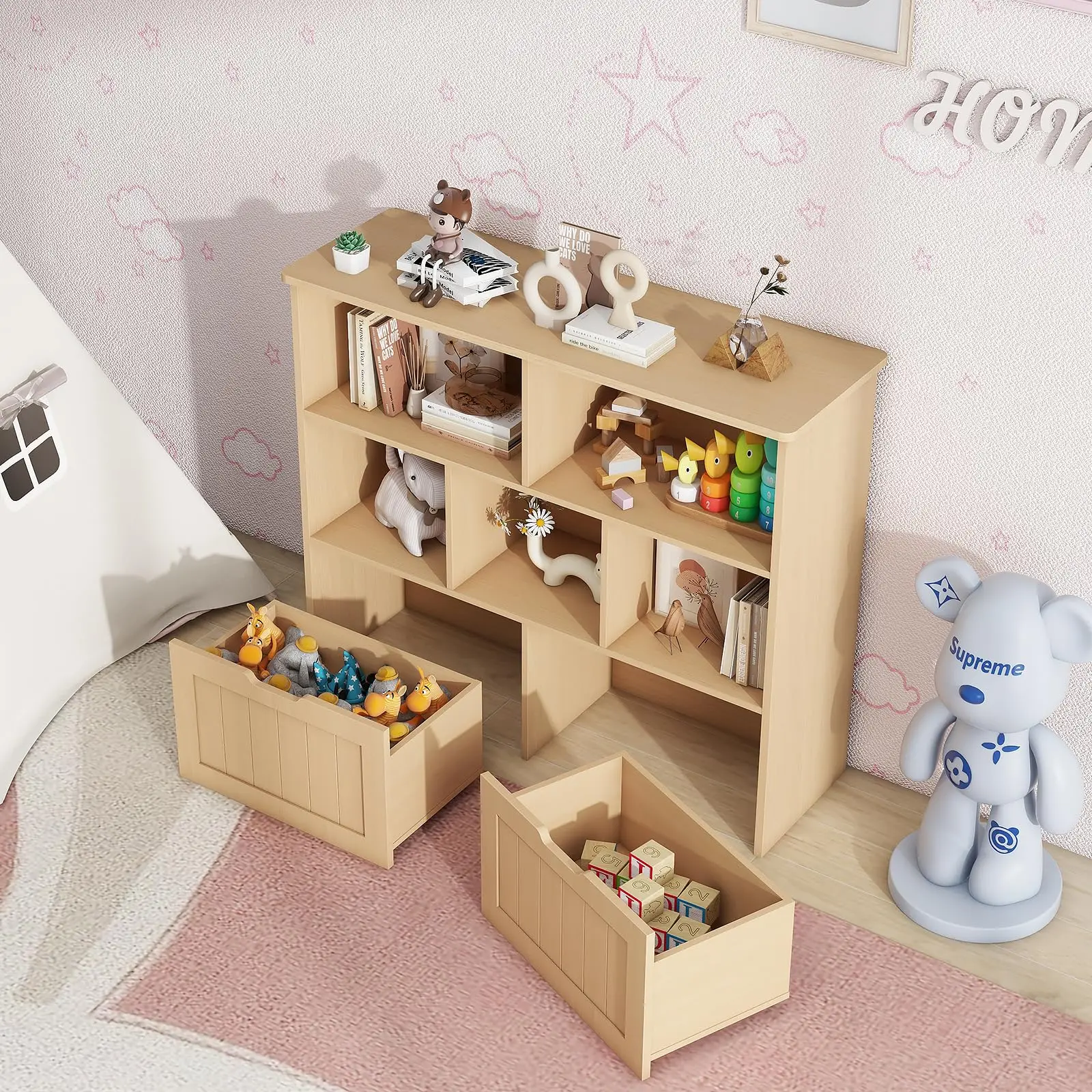 Vabches Kids Bookshelf Toy Storage Organizer Wooden Children's Bookcase with 2 Drawers on Wheels&5 Storage Cubbies for Playroom 5