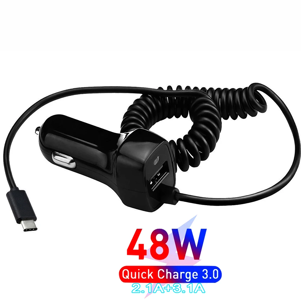 Car Charger 48W USB Fast Stretch Cable Adapter for IPhone13 12 11 14 Pro Max Samsung Galaxy Note20 Android Type-c