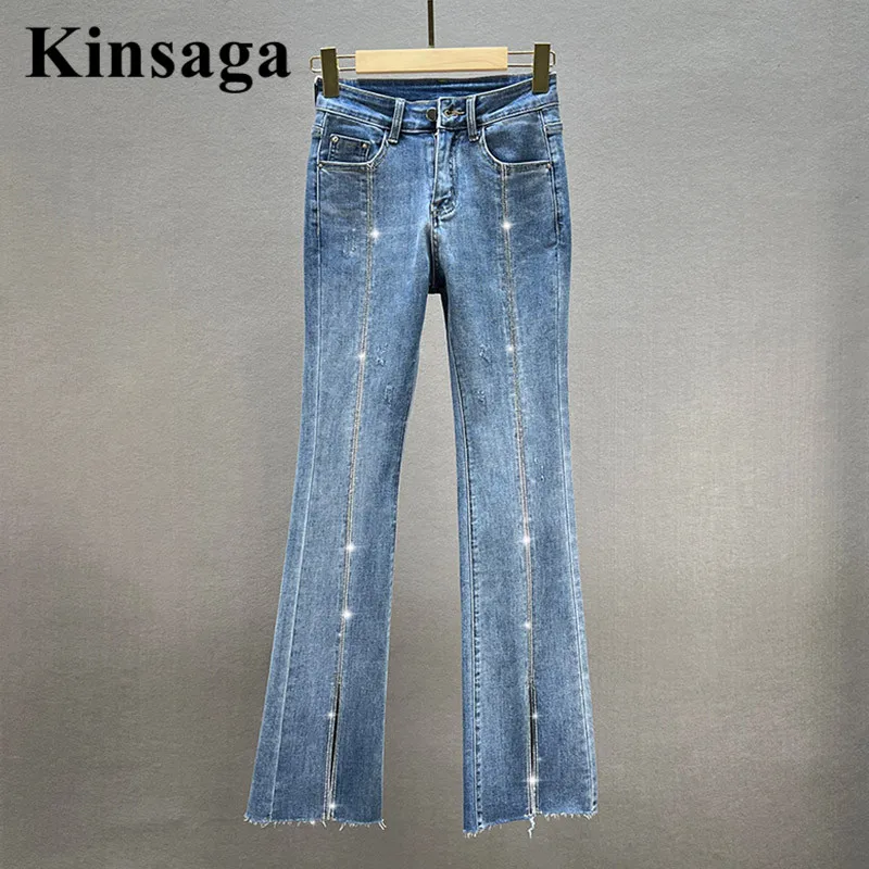 Slim Fit Micro Flared Jean Stretchy Women Hong Kong Street Rhinestone Striped Flare Jeans All-match Wide Leg Tight Demin Pants new washed denim ripped jeans raw edge stretchy micro flare demin pants female fashion office trendy