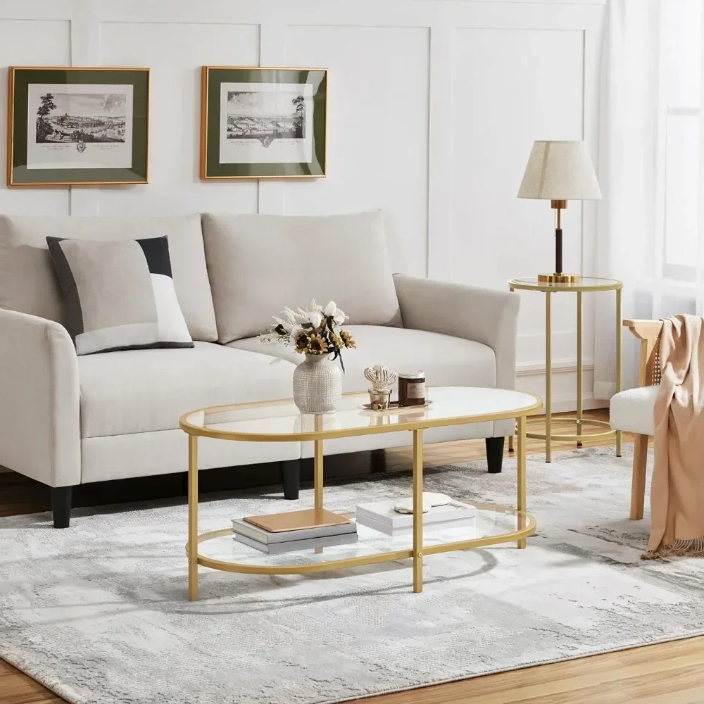 Coffee Table Oval Gold Glass 2-Tier Coffee Table, 42-Inch,   With Storage Shelves and Metal Frame,Living Room Coffee Table 2