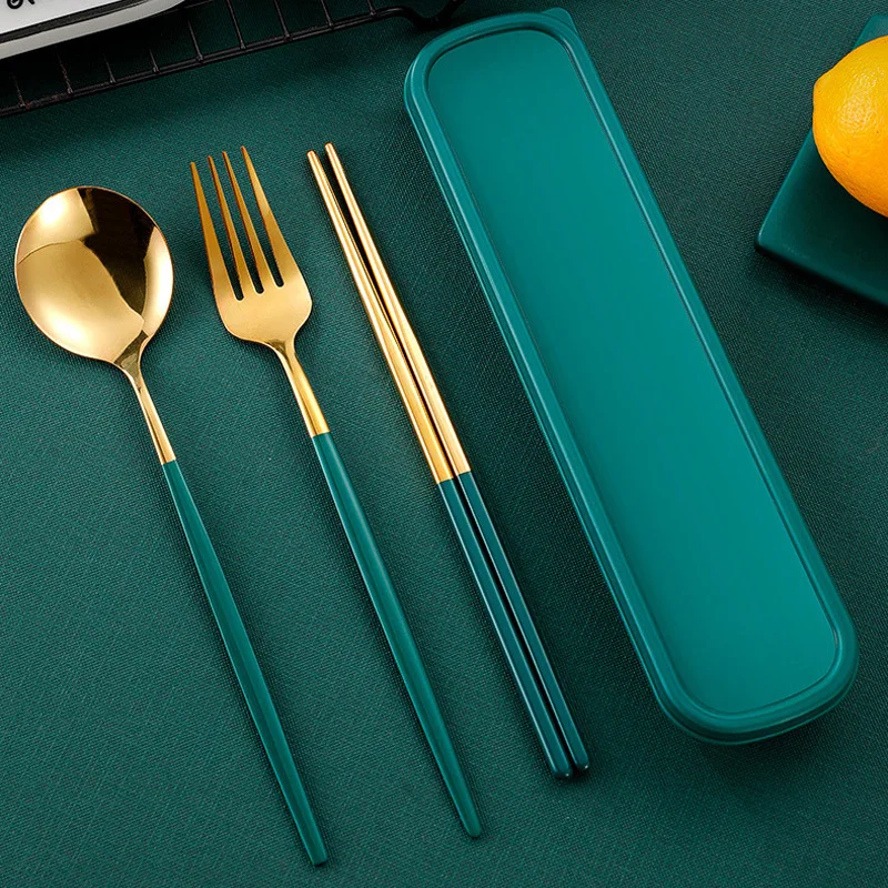 4pcs Cutlery With Box Holder Dinnerware Spoon Fork Chopsticks Set Travel Tableware Stainless Travel Cutlery Set Utensil Case