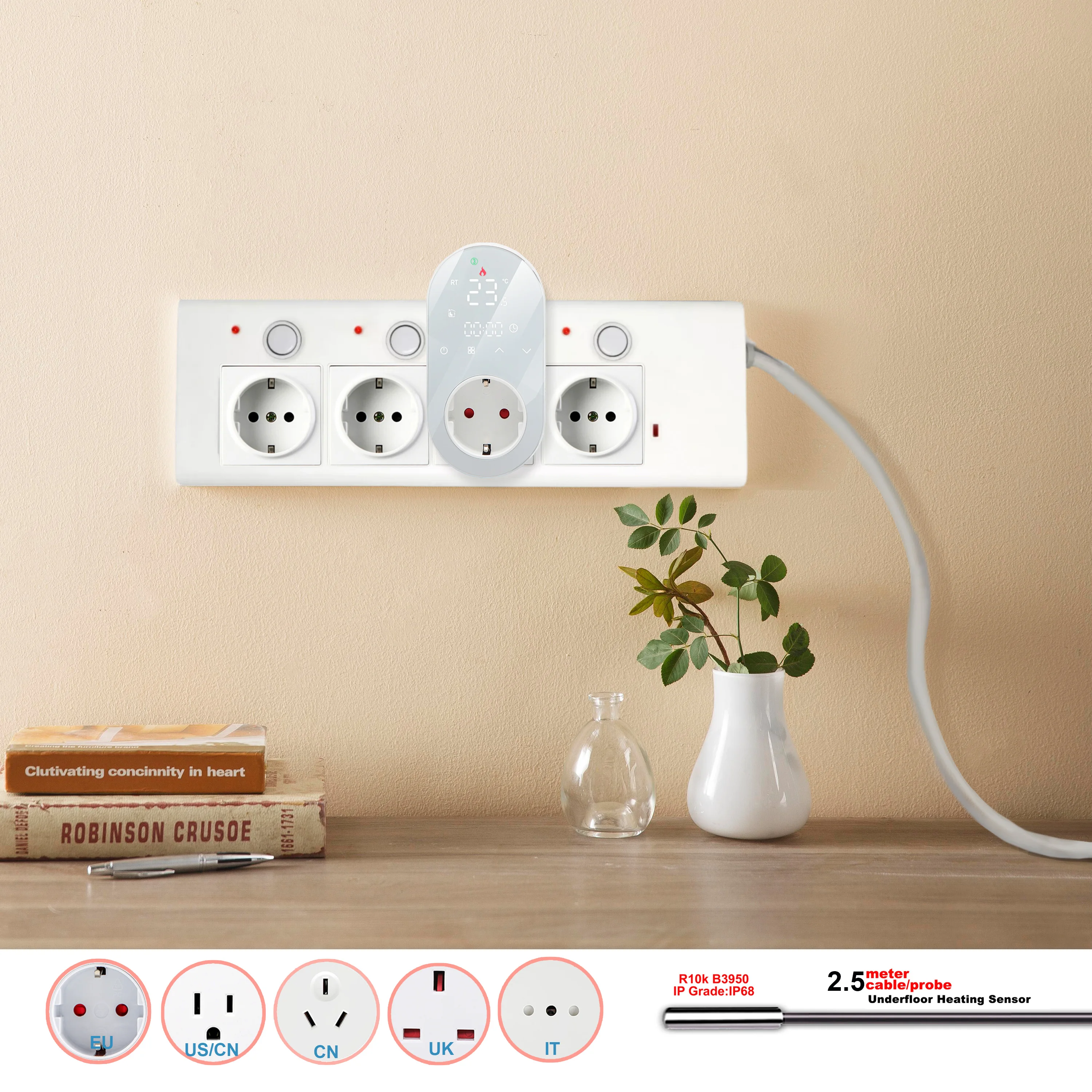 EU 에너지 절약 온도 조절 난방 케이블 온도 조절기 플러그 인 16A 4KW, 알렉사 구글 홈 Yandex LED/LCD 쇼와 함께 작동