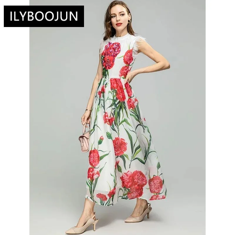 

Dresses For Women 2023 Luxury Brand Summer Women Dress O-Neck Feathers Sleeveless Crystal Floral Print Party A-Line Long Dress