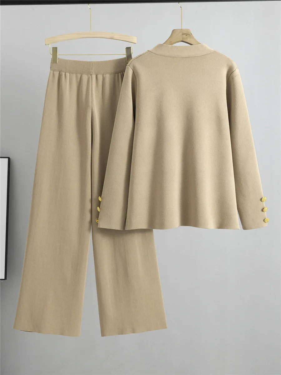 Fall Winter Women's Knit Sweater Sets Large Gold Button V-neck Cardigan Coats Conjunto High Waist Baggy 95cm Wide Leg Pants Suit 3