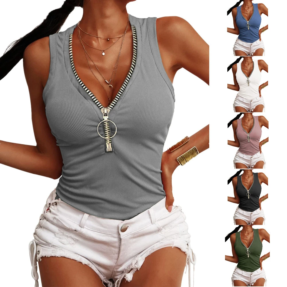 

2023 Summer New Women's Shirts Fashion Casual Threaded Zipper Slim Tank Top T-Shirt