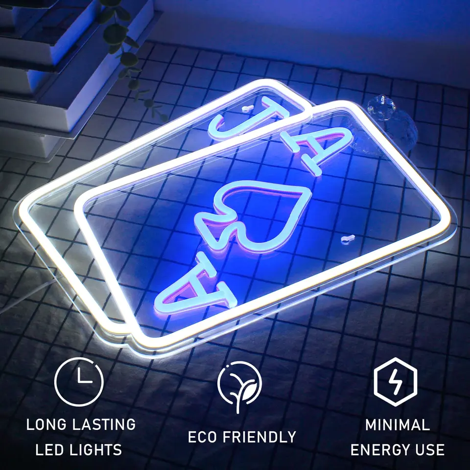 CULOIS Insegna LED Al Neon A Forma Di Carte Da Poker - 33x25 Cm, Luminosità Regolabile, USB, Per Camera Da Letto, Bar E Sala Giochi - 2