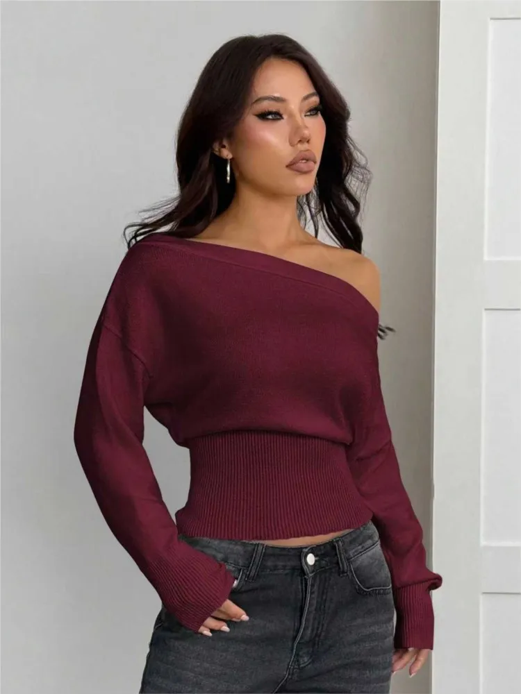 MsChuh Autumn Women's Clothing Off Shoulder Sweater Long Sleeves Pullover All-match Pulls Femmes Loose Simple Style Comfortable