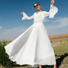 

White Embroidered Colorful Diamonds Dubai Middle East Lady Dress Vestidos Elegantes Para Mujer Chiffon Long Robe Ropa Mujer