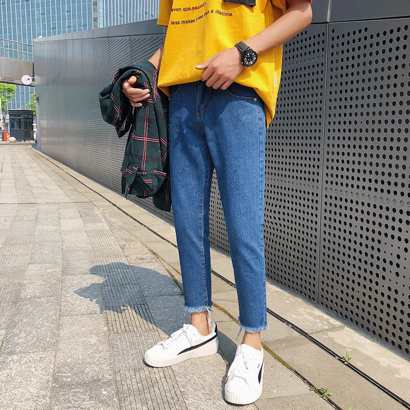 Summer 2022 Light-colored Frayed Ankle Length Jeans Men's Slim Feet Hong Kong Style Trendy Korean Boys Pants Students Leisure