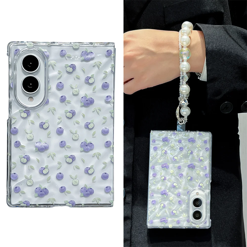 Cute Purple Blueberry Print Wavy Glitter Clear Phone Case with Pearl Wrist Strap