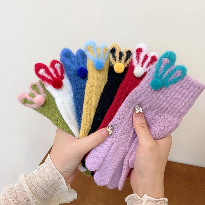

Solid Color Knitted Gloves Winter Full Finger Touchable Screen Gloves for Teens