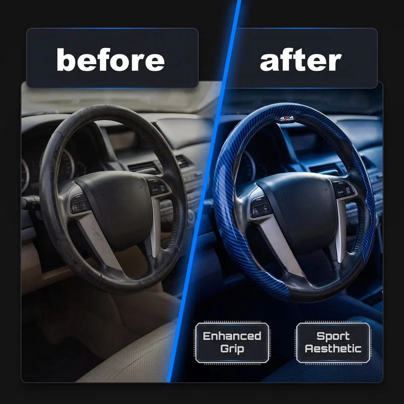 Off-Road Blue Carbon Fiber Texture Steering Wheel Cover - Comfortable Grip & Easy Installation