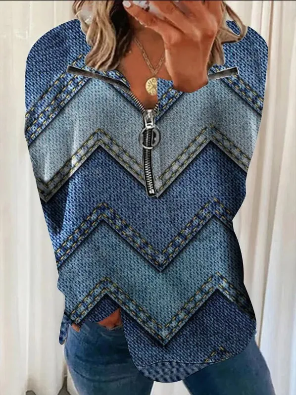 

Plus Size Women's V-neck Long Sleeve Blue Geometric Graphic Printed Top