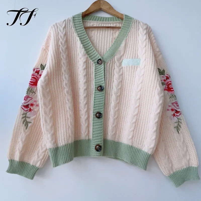 

New Flower Embroidered Cardigan for Woman 2024 Autumn Winter Knitted Sweater Female V-neck Floral Lantern Sleeve Cardigans Coats