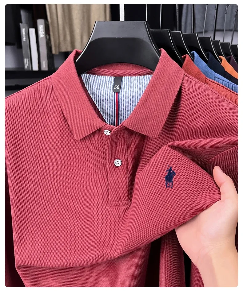 100% reine Baumwolle Luxus Herren Langarm-Poloshirt Designer-Marke Paul mit Pony-Stickerei Weicher Komfort Frühling Herbst Casual T-Shirt – Detail 6