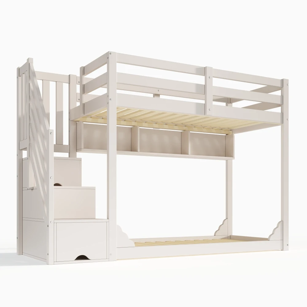 Childrens Bunk Bed with Staircase 90x200cm Wood Storage Bed Space-saving No Mattress