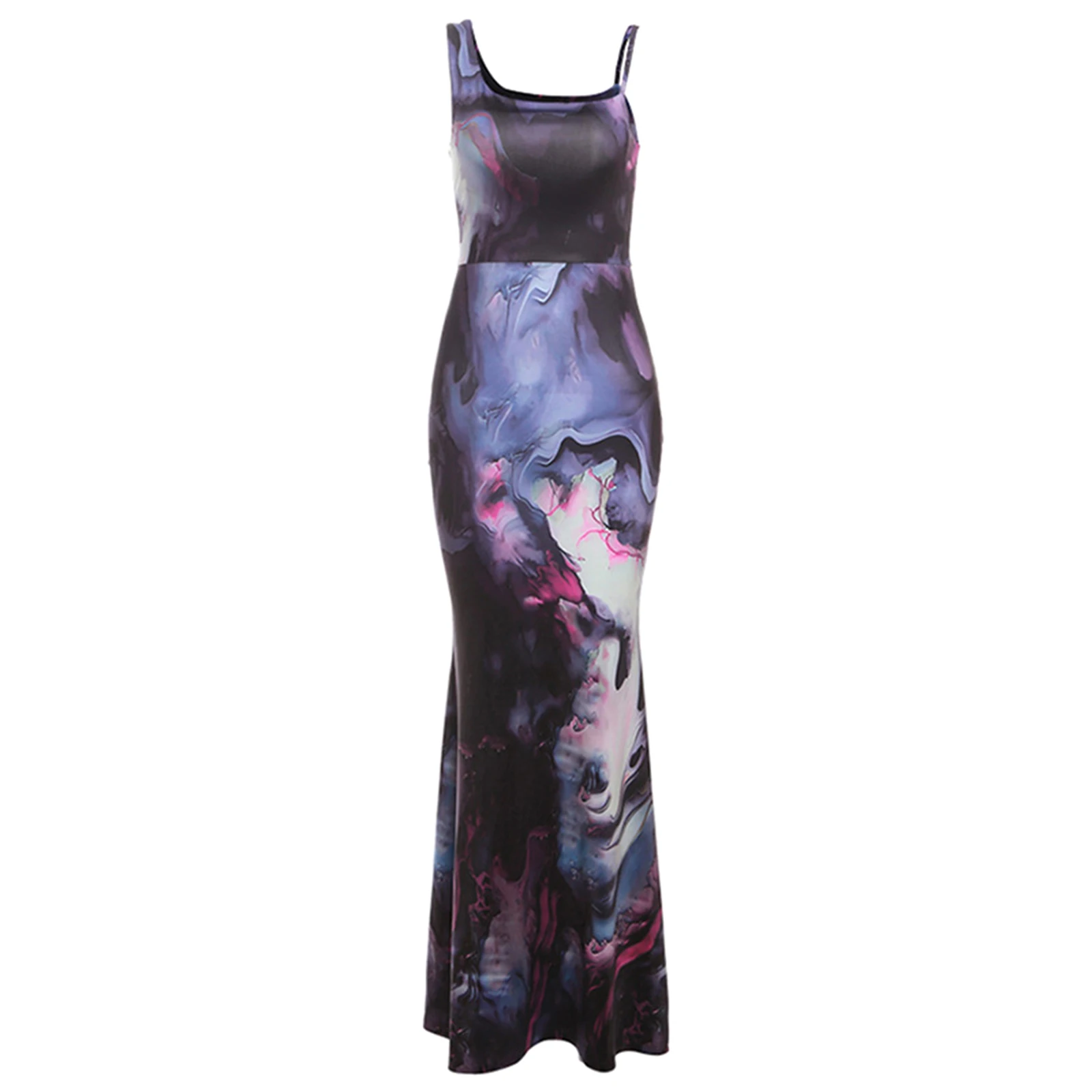 

Women Long Dress Sleeveless Backless Tie-dye Print Slim Fit Bodycon Dress Cocktail Dress