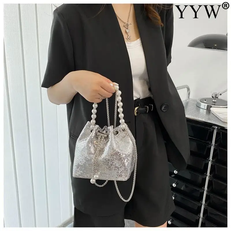Fashion Women Bucket Shoulder Bag With Sequin Pearl Crossbody Baggirl Handbags Female Clutches Bolsos Evening Party Mini Purse