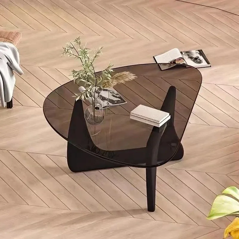 Tavolino centrale triangolare tavolino moderno Base in legno massello piano in vetro tavolini ovali per soggiorno