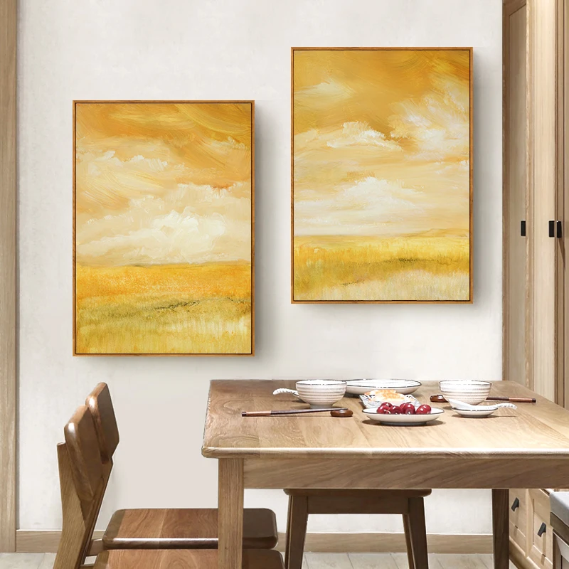 

Gold Abstract Painting, Yellow Sky Poster, Modern Minimalist Light Luxury Yellow Print Canvas Painting, Living Room Decoration P