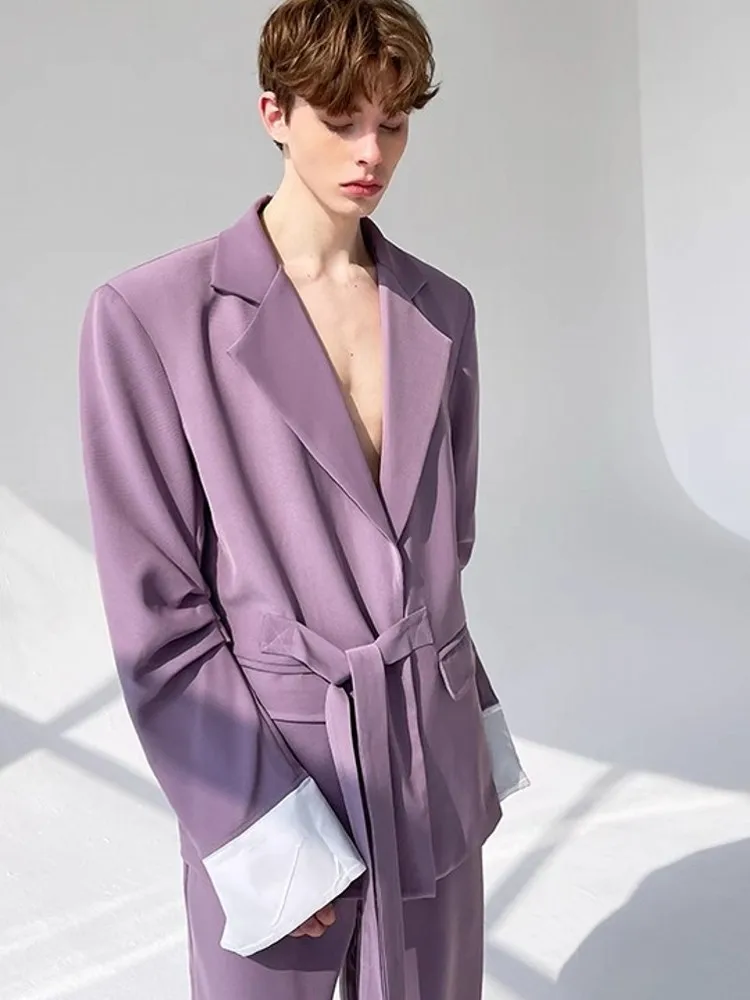 Fashion Mens Loose Fit Lace Up Blazer Jacket Wide Leg Pants Two Piece Set Spring New Designer Business Casual Party Suit Set